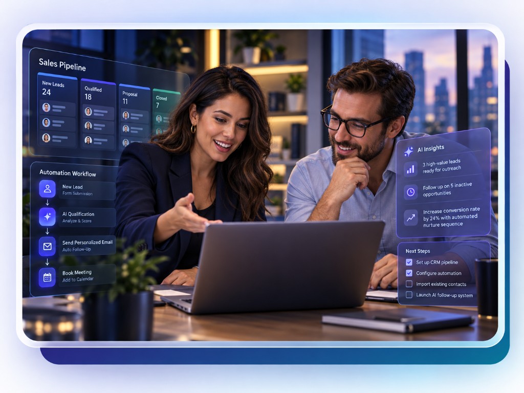 A consultant and a client reviewing a laptop with a sales pipeline, automation workflow, and next steps.